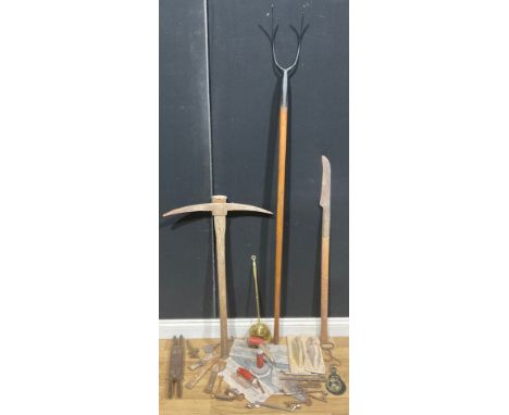 Tools - 19th century Pitch fork, Bill Hook, Pick Axe, hand tools, 19th century keys etc