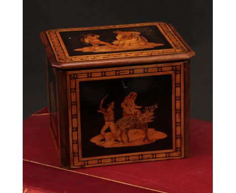 An Italian marquetry box or tea caddy, inlaid with scenes of traditional daily life, 13.5cm wide, Sorrento, 19th century