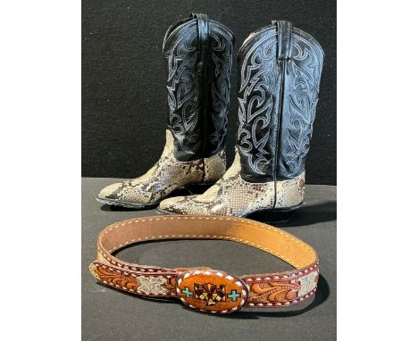 Vintage Fashion - a pair of Tony Lama python skin cowboy boots, size 6M, style number Y8812; a Tony Lama tooled leather belt