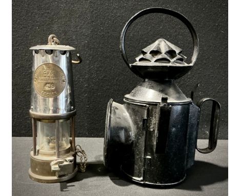 A Miners Lamp, Projector Lamp and Lighting Company, Type GR6S, M&amp;Q, no 459;&nbsp; an LNER Railway hand lamp, black painte