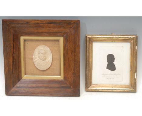 A plaster cameo impression, of King Henry IV of France (1589-1610), 8.5cm x 6.5cm, mahogany frame; a portrait silhouette engr