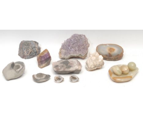 Geology - a collection of geological specimens and fossils, including amethyst, hematite, calcite, agate, ammonite, blue John
