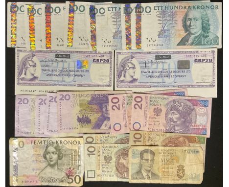 Banknotes – A collection of European 20th century banknotes: Belgium 20F 1964 GF; Poland 10 Zloty 1994 (two VF, one F), 20 Zl