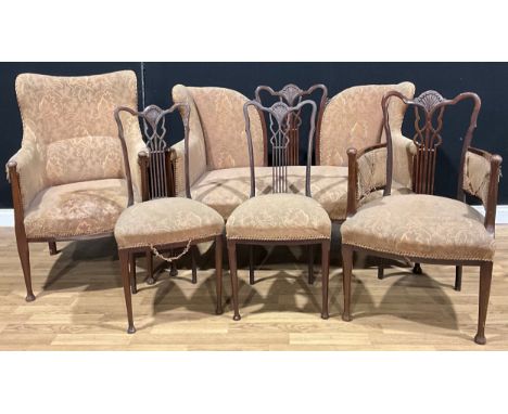 An Edwardian mahogany five-piece salon suite, comprising sofa, armchair, elbow chair and a pair of side chairs, the sofa 98cm