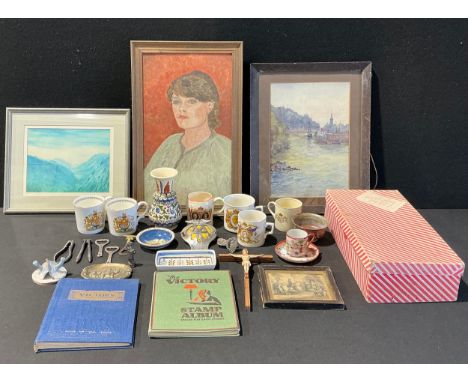 Boxes and Objects - stamps, two albums, containing British and world stamps, 19th century and later; a Mariquita Perez doll, 