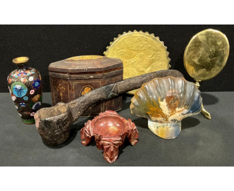 Boxes and Objects - a 19th century brass miniature tripod table; an Arts and Crafts brass tray; a Japanese cloisonne vase; a 