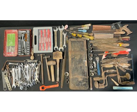 Tools - a quantity of hand tools, including Talco socket set, spanners, braces, files, saws, hammers, etc, qty