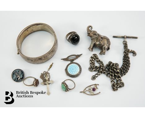 Miscellaneous silver jewellery, including a silver bangle Birmingham hallmark, sterling silver and enamel pendant brooch, sil