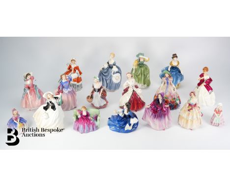 Sixteen Royal Doulton figures and one Royal Worcester figure, including Autumn Breezes, Blithe Morning, Buttercup, Easter Day