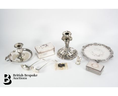 Small collection of silver plate, including candlestick and snuffer, another single candle, a trinket box 8 x 12 cms, another