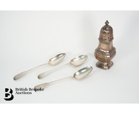 A silver sugar caster, Sheffield hallmark dated 1918, mm B &amp; S, approx 225 gms. This lot includes silver three tablespoon