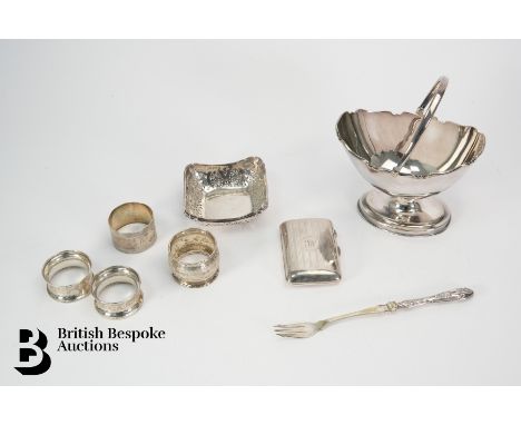 A silver plated bon bon basket with hinged handle approx 14 x 14 cms h, pair of silver pin dishes with pierced decoration app