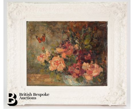 William Oram Trivett (1872-1955) still life in roses and butterfly, signed upper right, approx 36 x 28 framed.&nbsp;