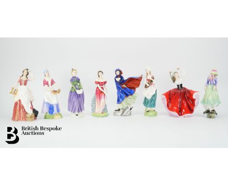 Eight Royal Doulton figurines, including Lizzie, May, Polly, Dawn, Jemma, Florence, limited edition Romance of Literature fig