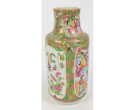 A 19th century Chinese Canton vase of cylindrical form with ribbed neck, painted in enamel with four opposing panels depictin