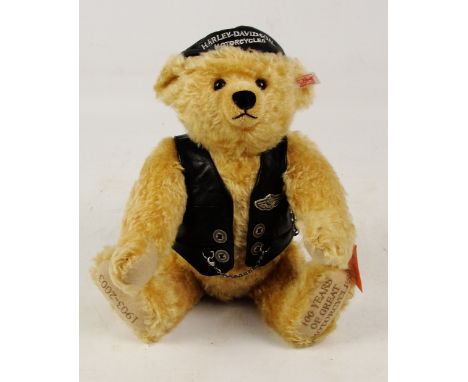 A boxed Steiff 2003 Harley Davidson 100th Anniversary teddy bear no. 666476, with numbered white and red tag to ear, with bei