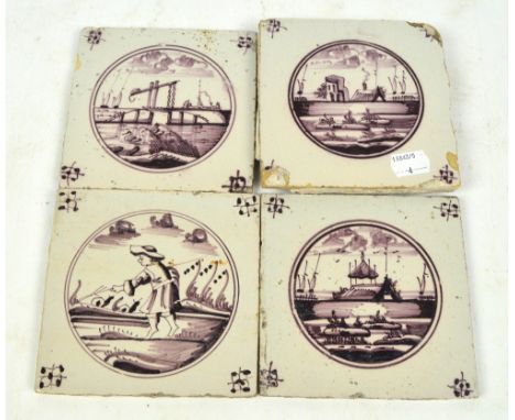 Four 18th century Dutch Delft ceramic manganese purple decorated tiles, three depicting architectural landscapes, one depicti
