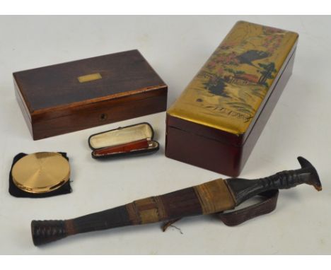 A 20th century Japanese lacquered glove box, a rosewood drawing instrument case (lacking any interior), a 9ct gold mounted ca