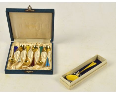 DAVID ANDERSEN; a cased set of six sterling silver gilt and enamel decorated coffee spoons, each stamped "David Andersen Norw