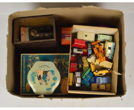 A quantity of playworn toys including Corgi Smiths Karrier van, Corgi Citroen Safari, etc, also playing cards, cribbage board