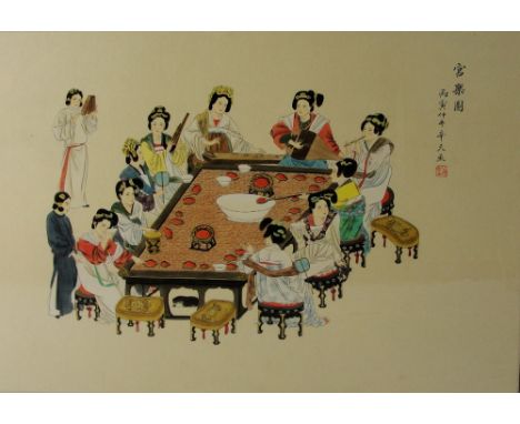 An early 20th century Chinese watercolour depicting figures seated at the table, eating, conversing and playing instruments, 