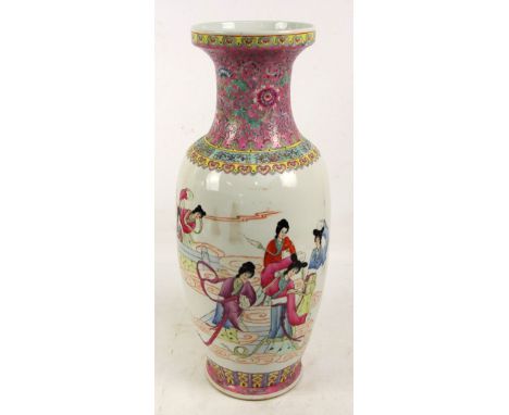 A very large Chinese Republic period baluster vase painted in enamels with women at the temple amongst clouds, within two dec