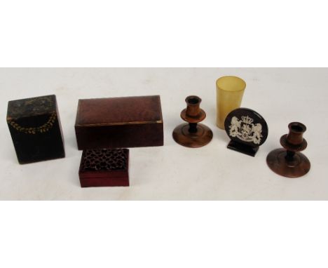 A mixed lot of collector's items comprising a Victorian ebonised hand painted playing card box, height 11cm, an amboyna venee