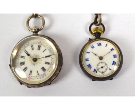 A late 19th century key wind fob watch with floral painted white enamel dial suspended on a graduated silver watch chain and 