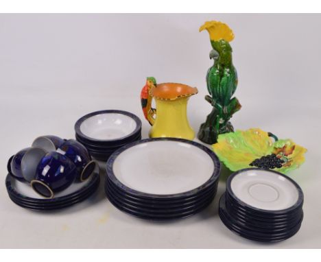 A Mintons majolica glazed figure of a cockatoo, height 34.5cm, impressed marks to base (af), a Carlton Ware bowl modelled as 