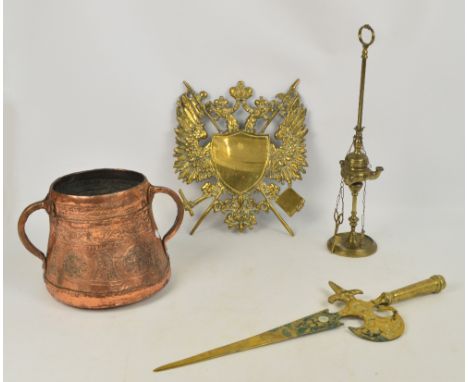 A brass whale oil lamp with tools suspended on chains (one missing), height 52cm, a decorative sword, length 62cm, a wall pla