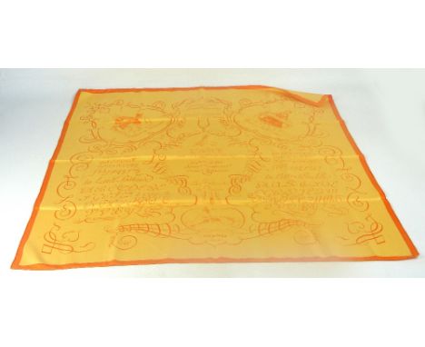 A silk Hermès of Paris scarf decorated with "l'art d'ecrire (the art of writing)", showing humorous positions for writing and
