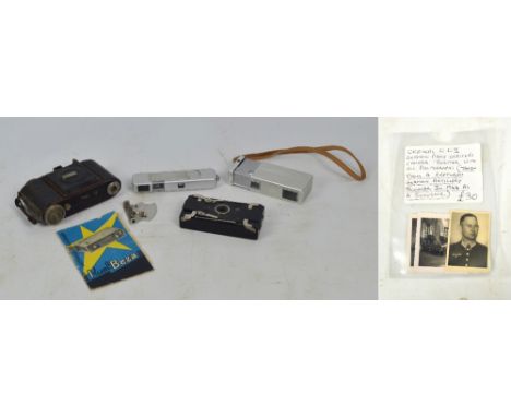 Three pocket cameras including a Minox in green leather case, an Ensignette and a cased Russian Kie Viga with instructions, a