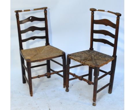 Two 19th century Macclesfield ladder back rush seated chairs with turned top rails.