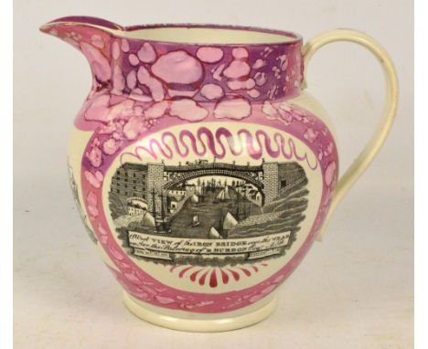 A large early 19th century Sunderland lustre jug decorated to the front with a west view of the iron bridge over the Wear und