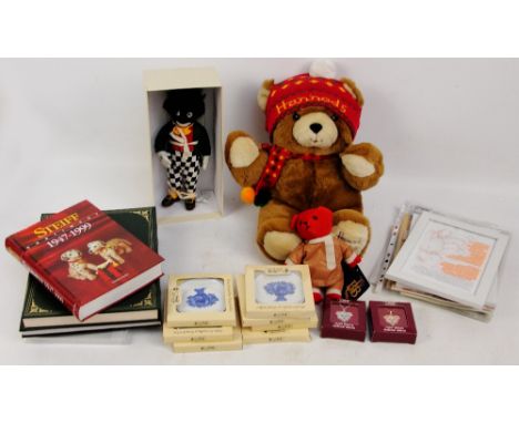 A collection of teddy bears and teddy bear related memorabilia, including a Harrods 1981 soft seated teddy, a velveteen Bean 