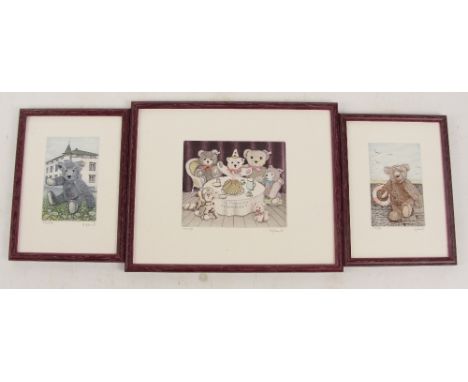 BERND HAUCK; a set of three coloured limited edition signed etchings of teddy bears commemorating the 150th birthday of Marga