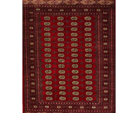 A Persian red ground bokhara carpet with stepped floral border and set with four rows of small elephant foot medallions