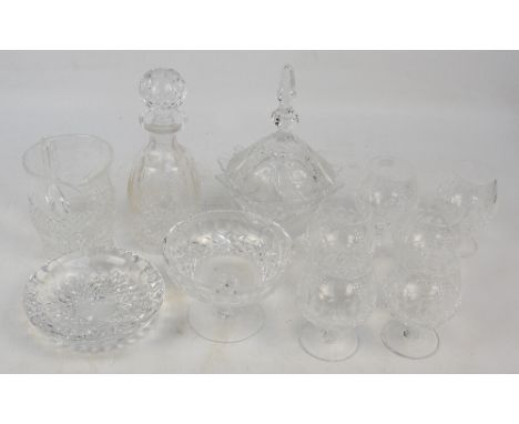 A small collection of glassware including a set of six cut glass brandy glasses, a tazza, a decanter, a large ashtray, a jug,