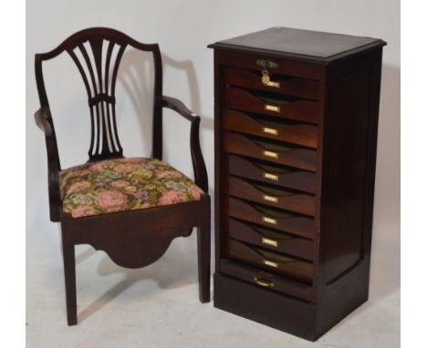 An early 20th century mahogany tambour fronted filing cabinet, width 48.5cm, and an early 19th century shield back commode el