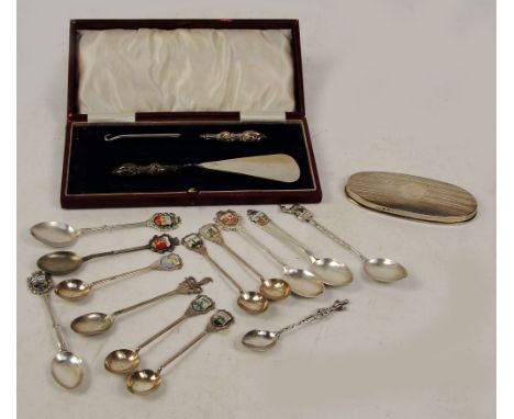 A set of five Indian silver souvenir spoons with enamel plaques to terminals, five further single silver similar spoons and t