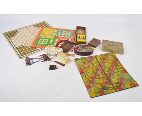 A mixed lot of vintage games to include bone dominoes, Halma, draughts, playing cards in an inlaid box convertible to a cribb