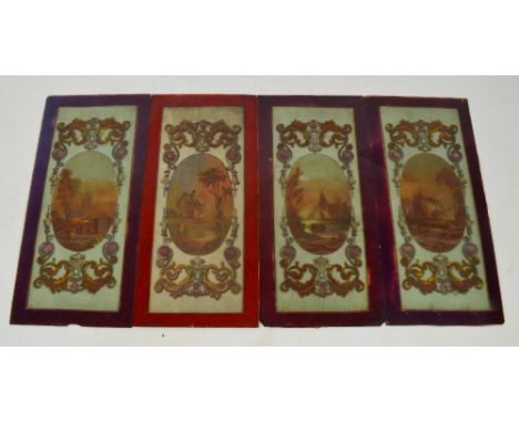 A set of four frosted glass rectangular panels, each hand painted with architectural landscape within transfer and hand colou
