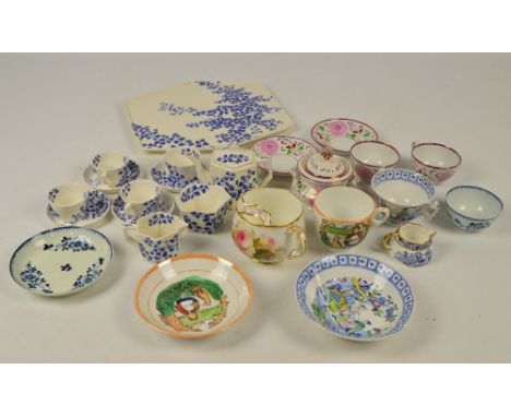 A quantity of ceramics including an 18th century floral painted tea bowl and saucer, two pink lustre cups and saucers with ma