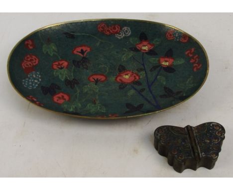 An early 20th century Chinese cloisonné oval dish decorated with floral sprays, length 35.5cm, and an enamel decorated box mo
