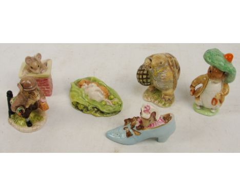 Three Beswick Beatrix Potter figures; "Benjamin Bunny" backstamp BP3b, "The Old Woman Who Lived in a Shoe" BP3b and "Mr Alder