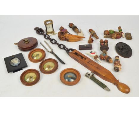 A group of collectors' items including nutcracker carved as an old woman, a portrait miniature (badly damaged), a cased set o