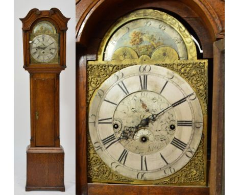 A George III oak longcase clock, the broken swan neck pediment above arched dial set with rolling moon phase with silvered ch