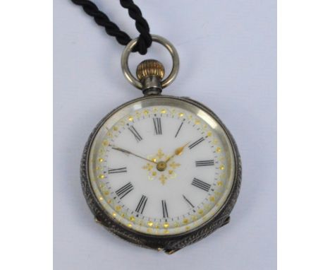 A Continental crown wind silver cased fob watch with circular white enamel dial set with Roman numerals within a foliate engr