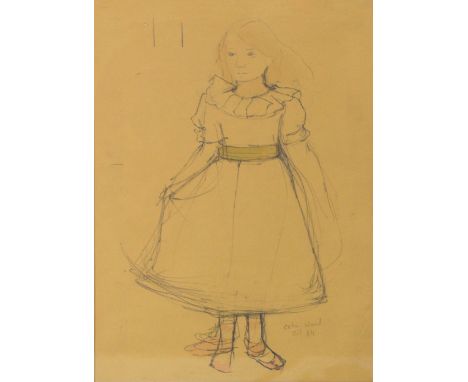 CELIA WARD; pencil sketch with some colour "Little Girl In Dress With Green Sash", signed, dated Oct 84, inscribed on J S Maa
