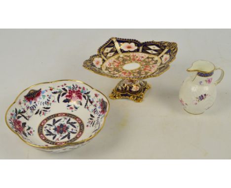 A Royal Crown Derby Imari decorated lozenge shaped pedestal bowl, width 26cm, a boxed Royal Worcester "Prince Regent" bowl, d